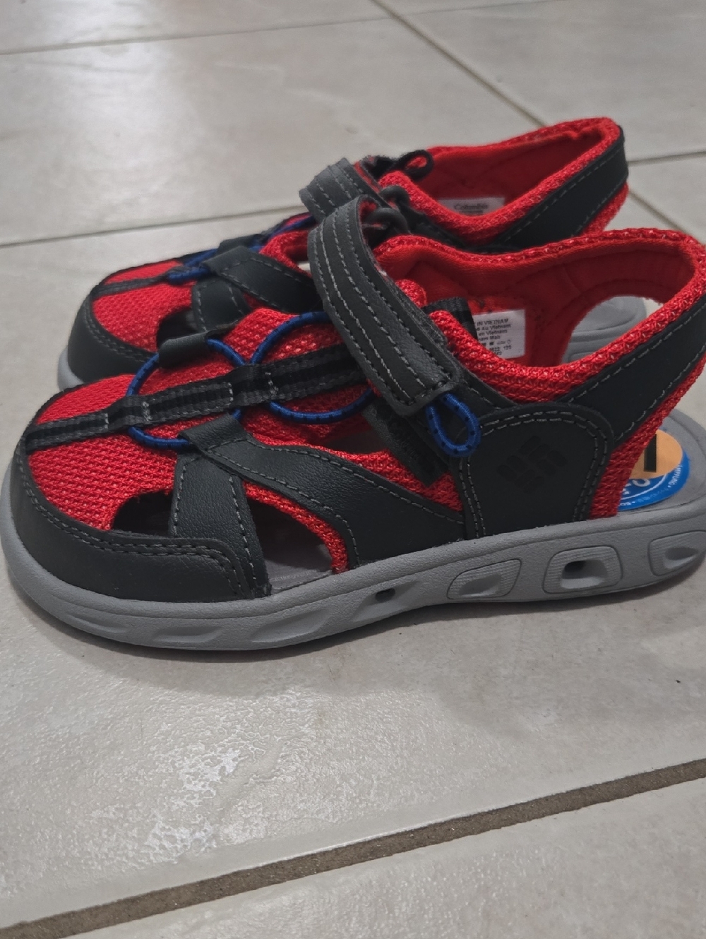 Kids Columbia Red and Gray Comfort Sport Sandals With Velcro.